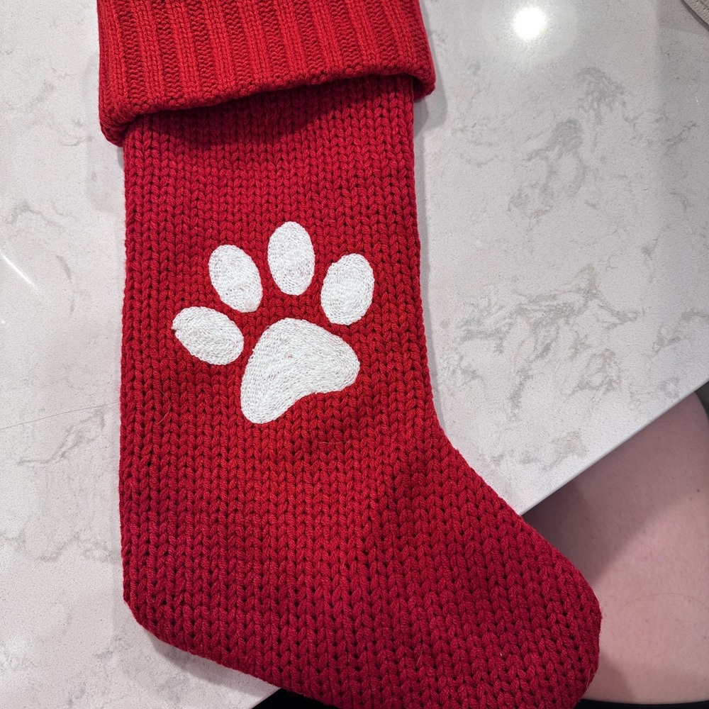 Red Knit Christmas Stocking with Paw Print